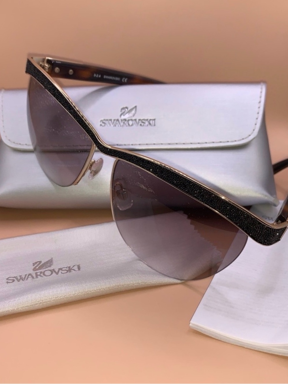 NWT SWAROVSKI Stylish Black and Gold Women's Aviator Sunglasses